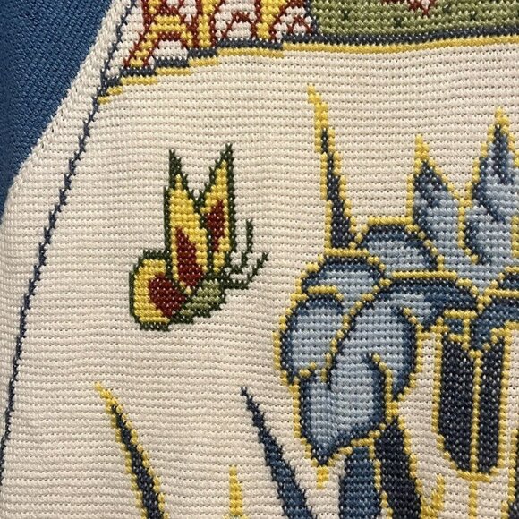 Handmade Afghan Throw Knit Blanket Blue Floral Butterfly Cross Stitch 64 x 54" - Picture 6 of 9